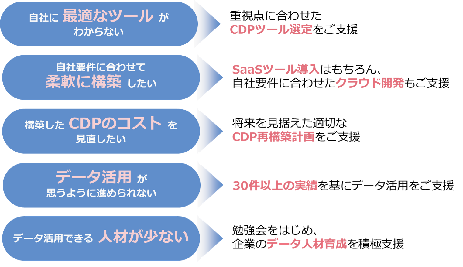 ・自社に最適なツールがわからない　→ 重視点に合わせたCDPツール選定をご支援

・自社要件に合わせて柔軟に構築したい　→ SaaSツール導入はもちろん、自社要件に合わせたクラウド開発もご支援

・構築したCDPのコストを見直したい → 将来を見据えた適切なCDP再構築計画をご支援

・データ活用 が思うように進められない → 30件以上の実績を基にデータ活用をご支援

・データ活用できる人材が少ない → 勉強会をはじめ、企業のデータ人材育成を積極支援